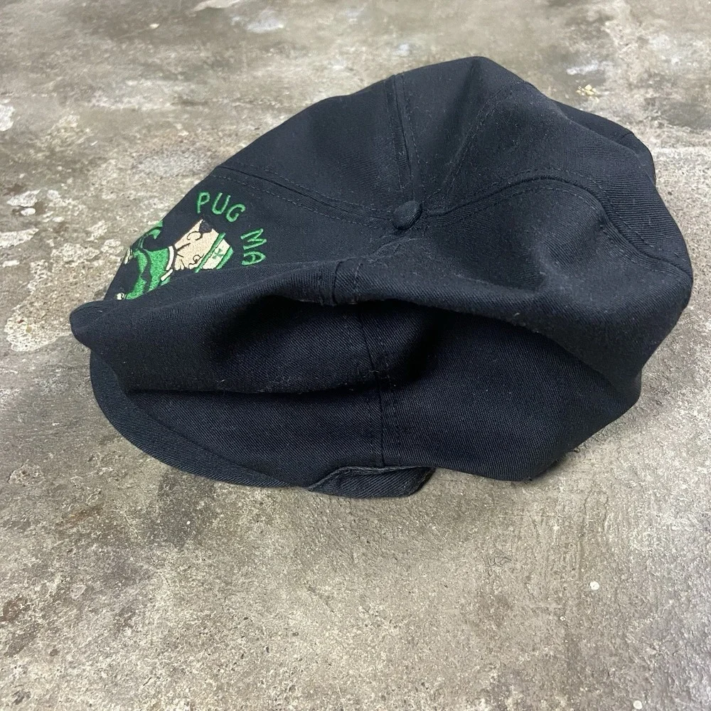Vintage 80s Pug Mahons Irish Pub Flat Cap Strap Back Adjustable Black Front Snap